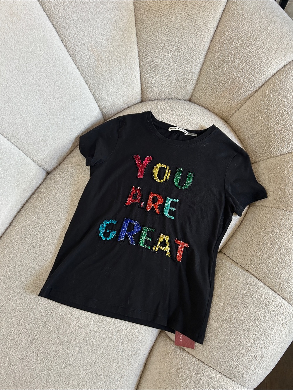 Alice + Olivia Black Short Sleeve Tee with Rainbow Sequin 'YOU ARE GREAT'